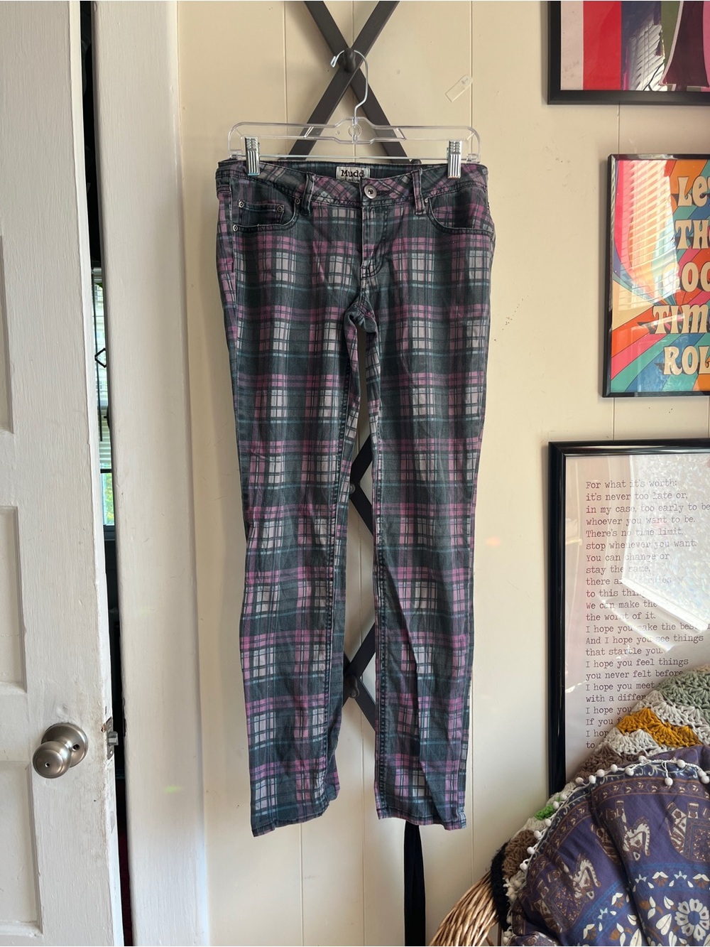 Vintage Y2K Mudd Pink and Teal Plaid Skinny Jeans